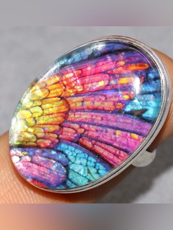 Artisan Jewelry - Doublet Rainbow Peacock Feather Ring